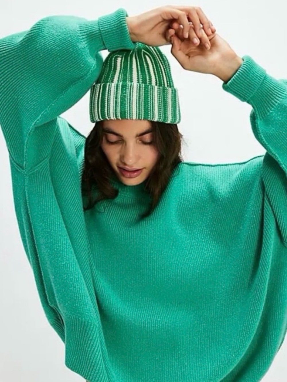 Free People Desert Stripe Beanie Green White Striped Knit Winter Hat OS